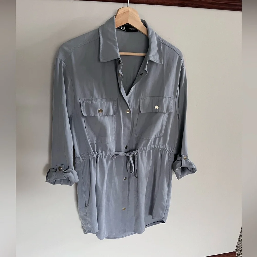 Zara Womens Grey Blue‎ Utility Tunic Shirt Drawstring Waist Snap Front Size M
